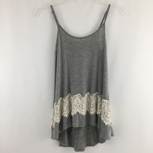 Xhilaration Gray Knit Flowy Boho High Low Swing Cream Lace Trim Tank Top XS